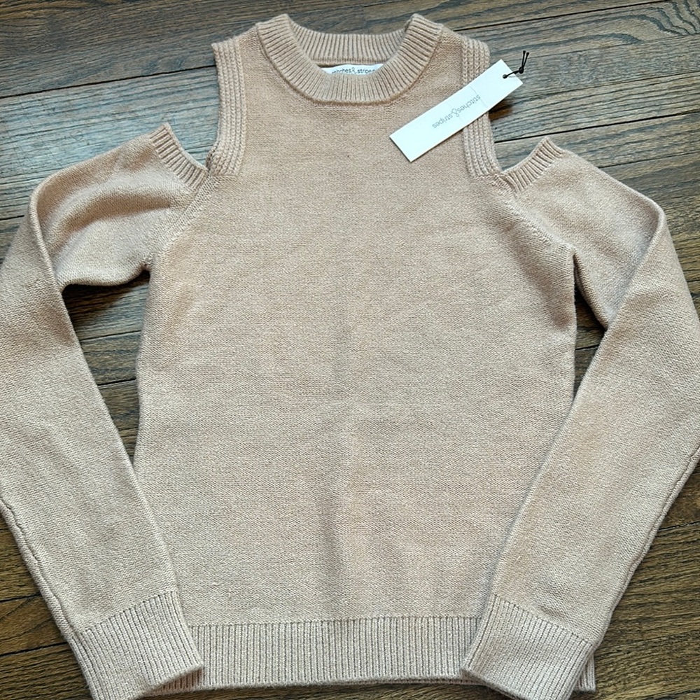 Stitches & Stripes Beige Cold Shoulder Sweater